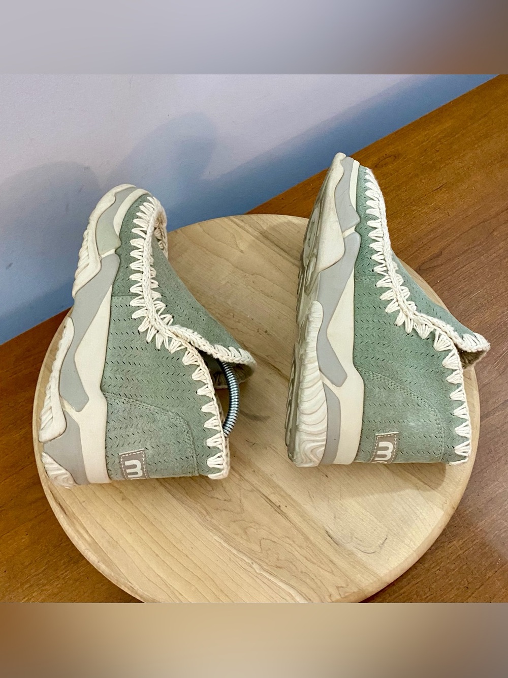 Mou Eskimo Sneaker Boots Sage Green Sheepskin Wool Crochet Stitching Womens US 9 - Picture 8 of 11